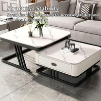 Table basse multifonctionnelle carrée extensible en métal noir et verre, style moderne et luxueux pour salon, avec tiroir de rangement en bois