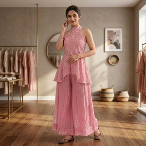Conjunto de Top y Pantalón de Seda Crush para Fiestas, Bodas y Diwali, con Bordados a Mano y Adornos de Moti, de Secado Rápido y Sin Arrugas - Product Image 1