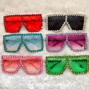 Versand bereit Stock Fashion Sonnenbrille Übergroße Bling Bling Diamond Big Frame Square Glitter Strass Sonnenbrille für Frauen