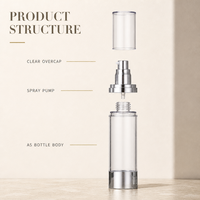 Flacon pompe airless cosmétique personnalisé transparent 15ml 30ml 50ml 80ml en plastique AS rond vide pour essence et lotion
