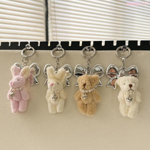 Delicate Bow Bear Plush Doll Soft Fashion Light Keychain Pearl Necklace Heart Bunny <b>Stuffed</b> Animal Halloween Embossed 3D Shape - Product Image 2