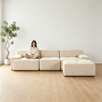 Canapé modulable convertible en L à trois places, sectionnel compressé, avec chaise longue, rembourrage en mousse HR, revêtement en tissu velours côtelé, pour appartement et hôtel