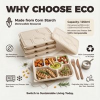 Assiette compartimentée biodégradable en amidon de maïs, étanche, compatible micro-ondes, compostable, avec couvercle, pour plats à emporter