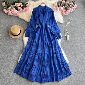 Nouvelle Tunique Vintage Décontractée Mi-longue pour Femme, Robe à Manches Lanterne, Taille Empire, Patchwork, Dentelle Évidée, Noir et Blanc - Product Image 1