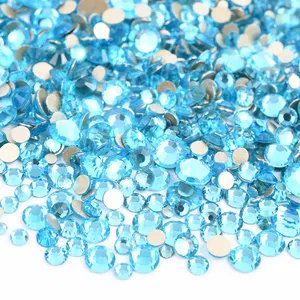 时尚混装尺寸海蓝宝石水晶贴纸石头平背圆形条纹贴花玻璃水钻服装装饰