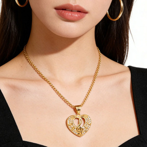 Collar Largo de Acero Inoxidable con Colgante de Corazón y Símbolo Musical, Chapado en Oro, con Diamantes, de Alta Calidad para Mujer - Product Image 1