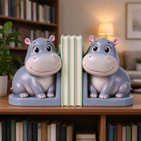 Paire d'entretoises à livres en polyrésine motif hippopotame de dessin animé, peintes à la main, décoration de bureau pour chambre d'enfant, table d'étude, cadeau