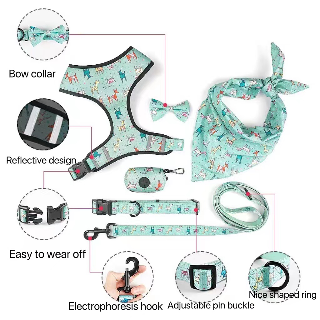 Green Color Polyester Pet Dog Harness Set With Adjustable Pin Buckle