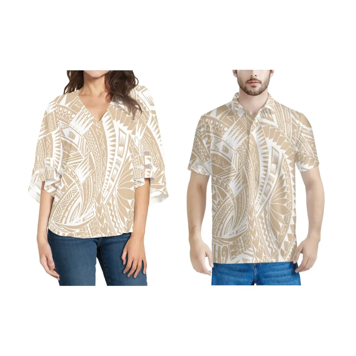 Top da donna e Polo da uomo stile tribale tatuaggio stile hawaiano Chiffon camicetta mezza manica con scollo a V da donna set di abiti Casual