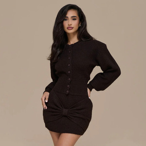 European American Style Winter <b>Knit</b> Sweater <b>Set</b> Solid Color Button Front Bodycon Skirt Two Piece For Women - Product Image 3