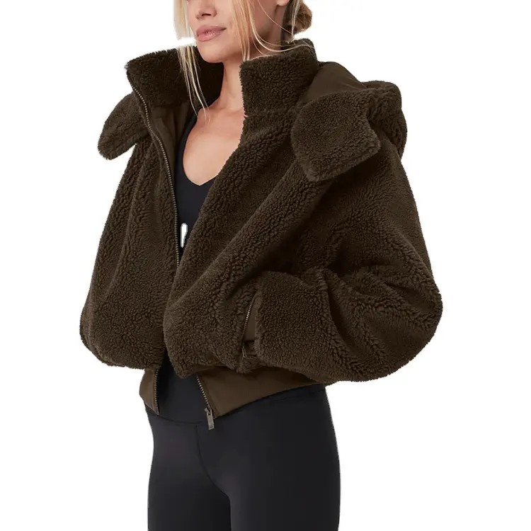 Individuelles Logo Wintermode baggy Turn-down-Halsband Reißverschluss Sherpa Vollverschluss-Fleecejacke für Damen