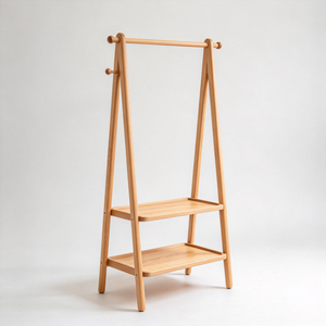 Porte-manteau en bois sur pied avec 2 étagères de rangement, organisateur de vêtements pour chambre à coucher - Product Image 2