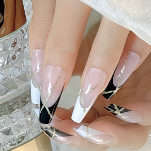 Kit de faux ongles en ABS préformés à presser, <span class=keywords><strong>forme</strong></span> <span class=keywords><strong>ballerine</strong></span> extra longue, couvrance totale, avec logo personnalisé, motif ligne dorée française - Product Image 4