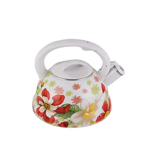 China Sale Flower Pattern Durable Enamel Kitchen Whistling Tea Kettle With Flat Bottom