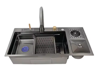 Évier de Cuisine en Acier Inoxydable Fait Main, Design Moderne, Bac Simple Multifonction, avec Robinet Extensible en Nylon