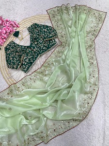 Sari en satin ethnique pur Fandy avec de magnifiques broderies à sequins et un chemisier contrastant de créateur pour femme, idéal pour les fêtes traditionnelles - Product Image 1