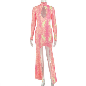 Vestido Midi Ajustado de Encaje Calado con Bloques de Color y Cuello Alto de Manga Larga para Mujer, Estilo Urbano - Product Image 6