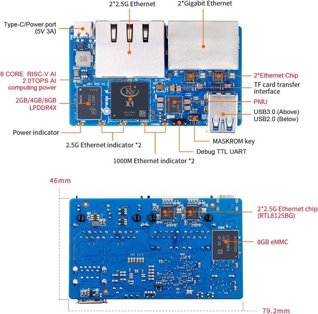Orange Pi R2S Single Board 2GB RAM LPDDR4X 8GB EMMC Flash RISC V 8 Core 2Tops Al Arithmetic Development Board