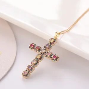 High-end Sweater Necklace Male Female Couple Style Jewelry Zircon Colorful Diamond Cross Pendant Clavicle Chain