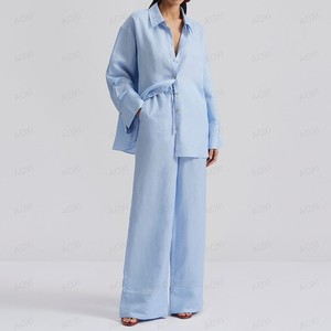 Abbigliamento donna OEM set Casual da donna in lino di cotone 2 pezzi abiti da lavoro Business set camicia a manica lunga pantaloni a vita alta - Product Image 3