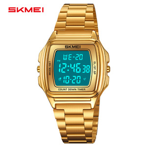 Skmei Digital Watch Men Stainless Steel Band Rose Gold Case Electronic Watch With Countdown Timer Square Design - Product Image 1