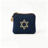 Dompet Koin Linen Bordir Yahudi dengan Resleting, Bintang Daud, Menorah, Tangan Hamsa, Gulungan Taurat, Dompet Kanvas Mini, Kantong Hadiah Religius