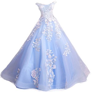 Off The Shoulder Light Blue Floral Embroidered Organza Ball Gown Wedding Dress Empire Waistline For Women - Product Image 5