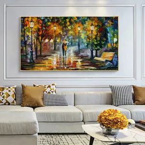 Couple Walk in Rain Autumn Forest Oil Painting on Canvas Posters and Prints Abstract Landscape Wall Art Picture for Living Room