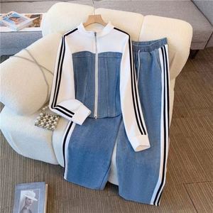 Conjunto de 2 Piezas de Ropa para Mujer, Otoño, Elegante, Tejido, Patchwork, Denim Regular, Top Largo con Cuello en V y Pantalones, Venta al Por Mayor, Sostenible, Transpirable - Product Image 2