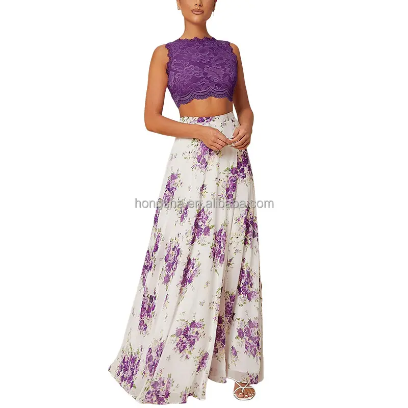 Floral Print Flared Skirt And Top Set For Women Long Skirt Sets 2 Piece Outfits Lace Zip Back Crop Top And Skirt Two Piece Set