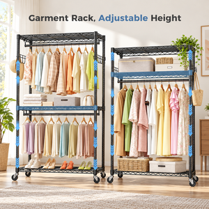 Perchero de Acero al Carbono Resistente con Ruedas, Estantes Ajustables de Doble Nivel, Barra Doble para Colgar Ropa y Ganchos Laterales - Product Image 5