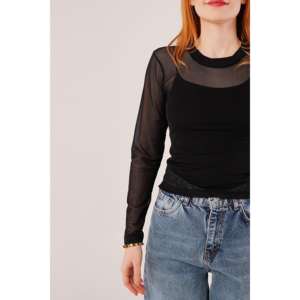 Blusa Básica de Tul Negro Transparente al por Mayor, con Logotipo Bordado, Estampado de Leopardo Disponible en Talla XL para Otoño, de Pana, Seda, Tejido de Punto - Product Image 3