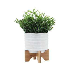 Pot en céramique avec support en bois, pot en grès moderne pour plantes d'intérieur et d'extérieur, pots à fleurs ronds, décoration intérieure - Product Image 3