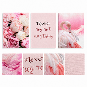 Tela in Poliestere, Set di <span class=keywords><strong>3</strong></span> Quadri 40x50cm, Trifoglio Floreale Rosa con Fenicottero e Citazione, Arte Murale Non Tenduta per Casa e Hotel - Product Image 3
