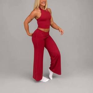 Women's Hight Waist Fold-Over Waistband Fitness Workout <b>Leggings</b> Wide Leg Slimming Flare Yoga Fitness Gym Pants - Product Image 2