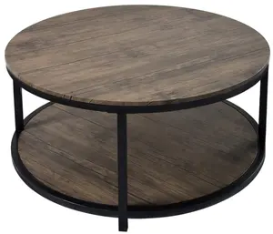 36 Inch Ronde Salontafel, Rustiek Houten Bovenblad En Stevige Metalen Poten Industriële Banktafel Voor Modern Design In De Woonkamer