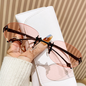 European American Style <b>Frameless</b> Oval Sunglasses UV400 Metal <b>Frame</b> PC Lens Unisex Outdoor Sun Protection - Product Image 2