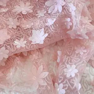 2023 Top qualidade 3D flor rosa lantejoulas laser tecido bordado do laço para vestidos de noiva