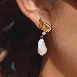 Baroque Pearl Angel Wing Drop Earrings Stainless Steel Studs Bezel Setting Everyday Wear - Product Image 2