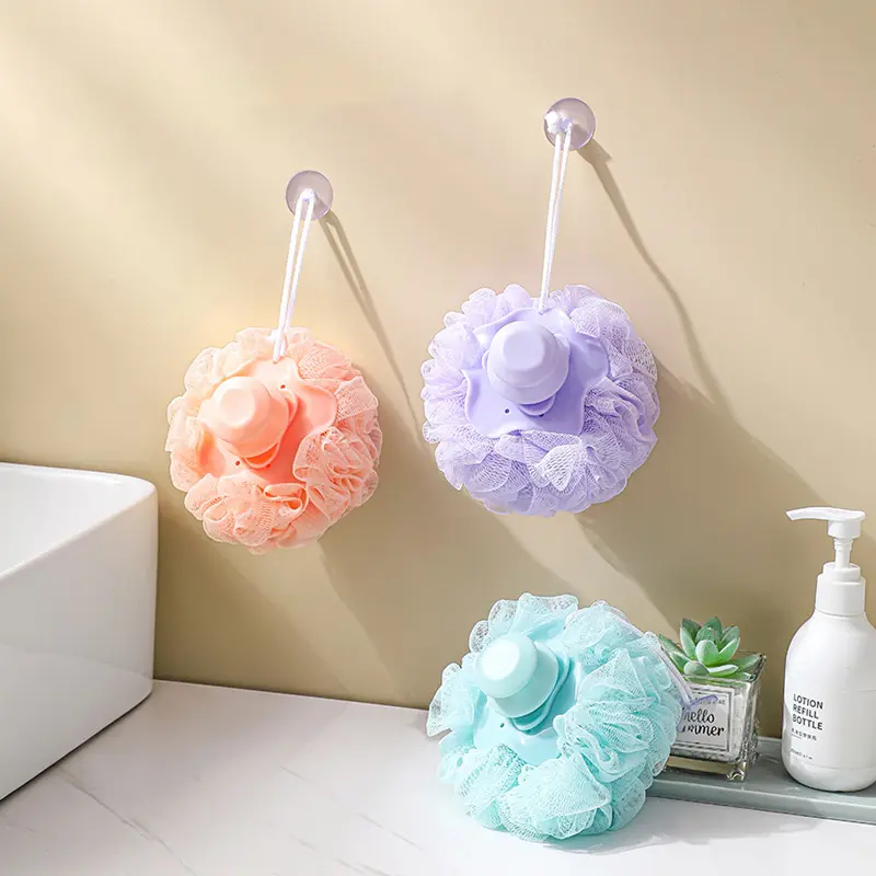 Back Scrubber Mesh Bath Sponge Shower Ball Nylon Bath Flower Bouquet Exfoliating Bath Ball with SIlicone Handle