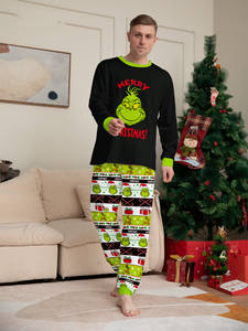 Özelleştirilmiş 2025 yeni yıl partisi Grinch noel pijama ev tekstili setleri siyah elastik bel termal özelliği ön Logo Dropshipping - Product Image 3