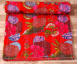 Couette Kantha imprimée fruits rouges 100% couette Kantha en coton doux, couette Kantha Queen Size, imprimé floral fait à la main - Product Image 1