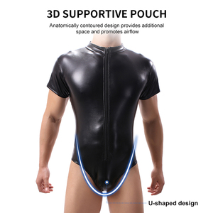 Traje de cuerpo entero de diseño audaz y moderno para hombre, estilo fetish con apariencia mojada, diseño con cremallera frontal, traje de cuerpo entero de alto brillo - Product Image 3