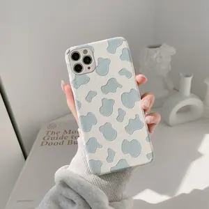 Ins capa de celular de couro para iphone 14 plus 13 11pro max 12, padrão de vaca azul suave coreano, incluído