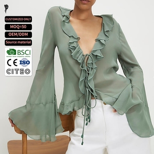 Nueva llegada: Blusa informal de gasa con volantes, cuello en V, lazo frontal y manga larga acampanada para mujer - Product Image 1