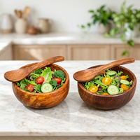 Ensemble de saladiers classiques en bois d'acacia personnalisés avec cuillères assorties – Bols et ustensiles de service alimentaire écologiques et durables – Vente en gros OEM