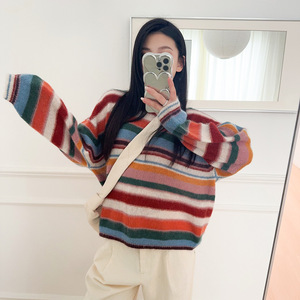 BS26 Early Spring Dopamine Contrast Striped Wool Mohair Blend Color Matching Pullover Sweater <strong>Top</strong> Women's Full Sleeve <strong>Rainbow</strong> - Product Image 4
