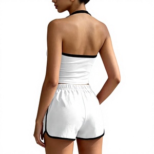 Women Brown Halter Sleeveless Knitted Casual Sports Crop Top Shorts Set Striped Breathable Spring Summer Wear - Product Image 4