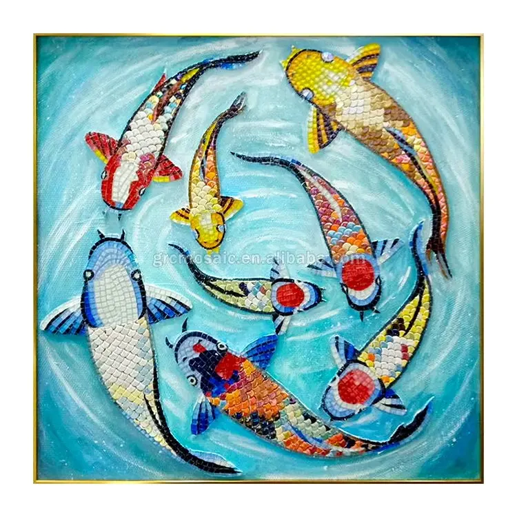 Koi design fan-shaped glass mosaic mural carp fish pattern