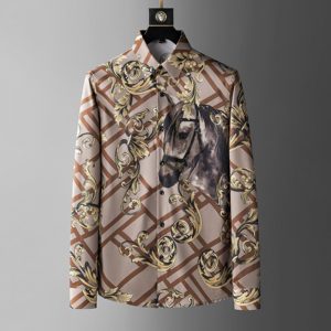 <span class=keywords><strong>Chemise</strong></span> à manches longues vintage respirante anti-boulochage pour <span class=keywords><strong>homme</strong></span> avec motif audacieux cheval et or, design luxueux noir et blanc - Product Image 3